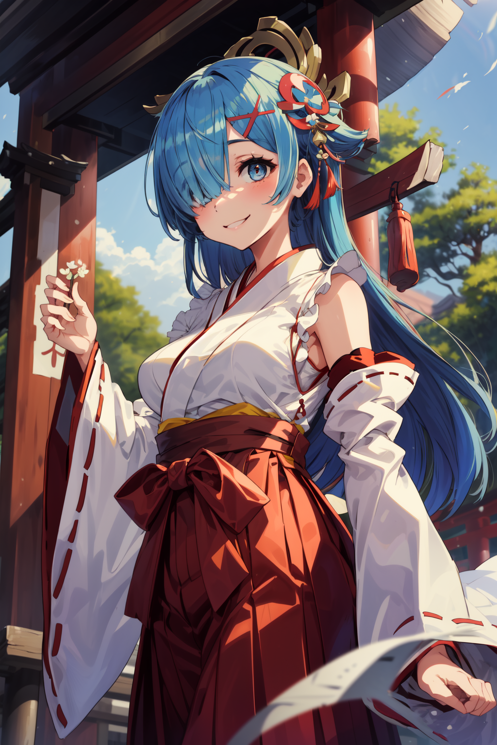masterpiece,best quality,1girl,Rem,blue hair,(((long hair))),hair over one eye,hair ornament,miko clothes,long sleeves,det...